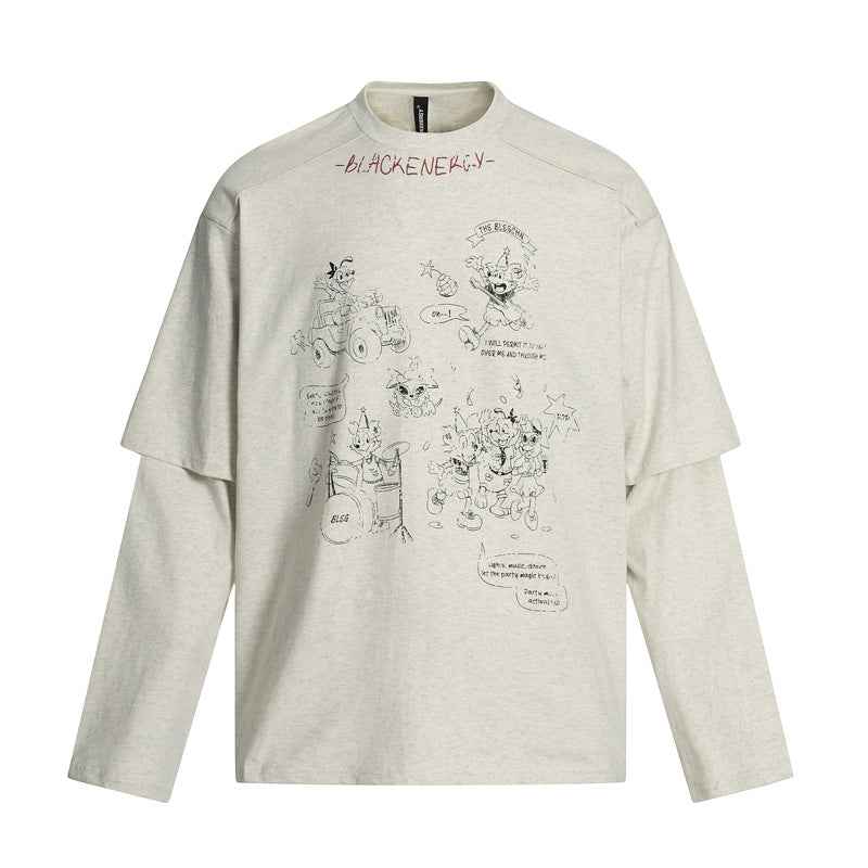 Cartoon Print Fake Two-Piece Long Sleeve T-Shirt For Men And Women | MuddyStock Originals Flower Gray MuddyStock
