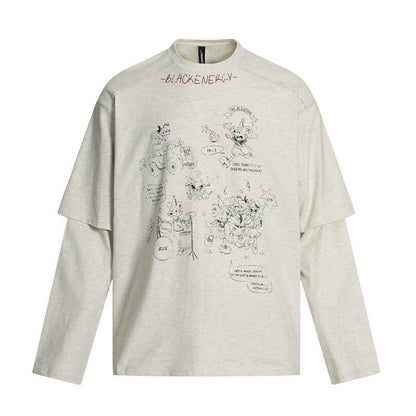 Cartoon Print Fake Two-Piece Long Sleeve T-Shirt For Men And Women | MuddyStock Originals Flower Gray MuddyStock
