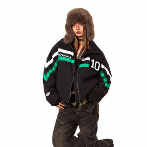 Striped Retro Cotton Coat Puffer Jacket For Women Black