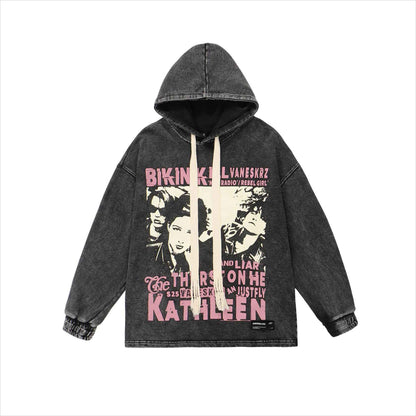 American Retro Trend Character Hooded Sweater Black MuddyStock