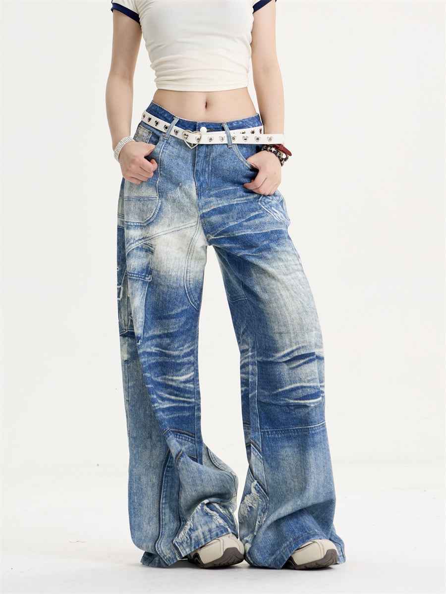 American Retro Printed Wide-leg Jeans For Men And Women MuddyStock