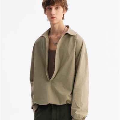 Deep V Elastic Lower Hem Loose Long Sleeve Shirt For Men
