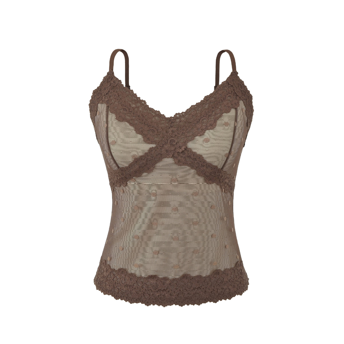 Polka Dot Lace Sleeveless Camisole Top with Built-in Pads Retro Coffee
