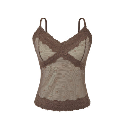 Polka Dot Lace Sleeveless Camisole Top with Built-in Pads Retro Coffee