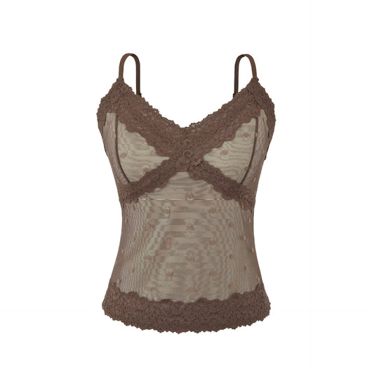 Polka Dot Lace Sleeveless Camisole Top with Built-in Pads Retro Coffee