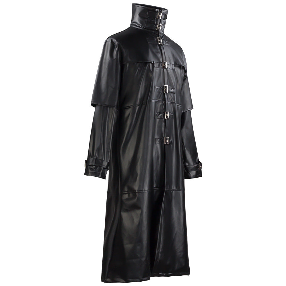 Medieval Retro Fitted Button-Down Long PU Leather Jacket for Men For Halloween