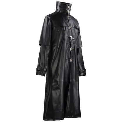 Medieval Retro Fitted Button-Down Long PU Leather Jacket for Men For Halloween