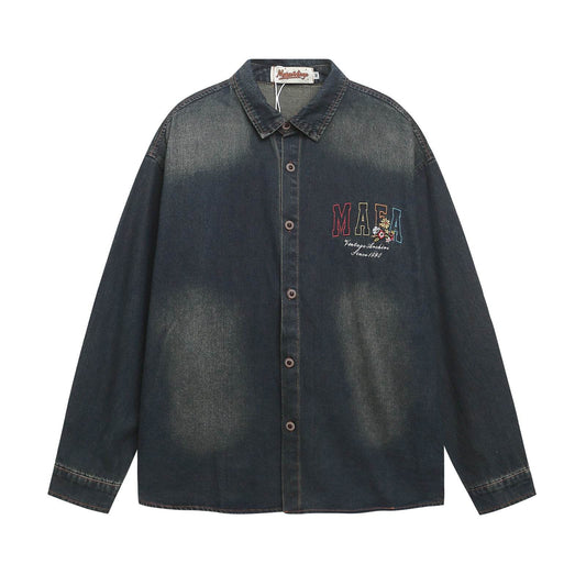 Floral Letter Embroidered Long Sleeve Denim Shirt For Men And Women | MuddyStock Originals MuddyStock