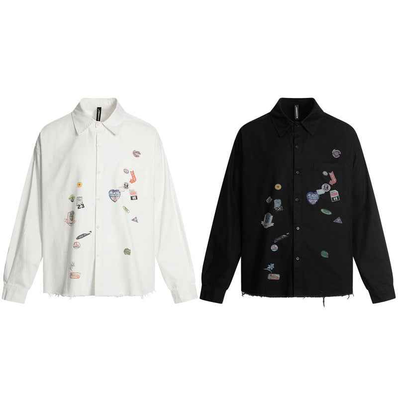 Casual Cartoon Sticker Print Long Sleeve Shirt For Men And Women | MuddyStock Orignals MuddyStock