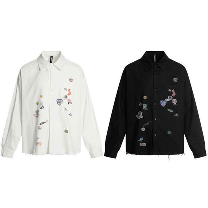 Casual Cartoon Sticker Print Long Sleeve Shirt For Men And Women | MuddyStock Orignals MuddyStock