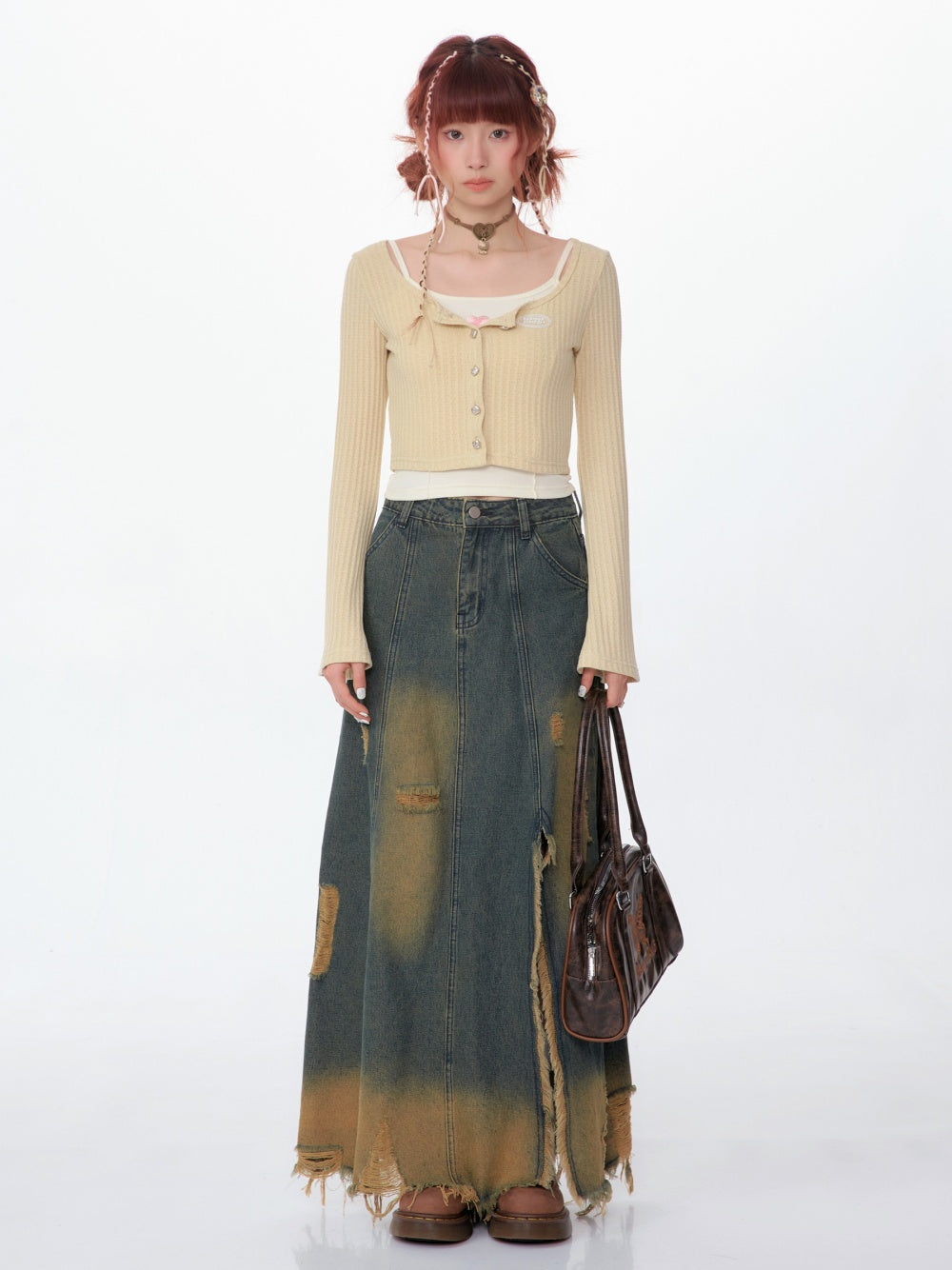 High Waist Mid-length Make Old Ripped Split Denim Skirt For Women All Products
