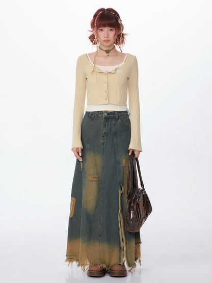 High Waist Mid-length Make Old Ripped Split Denim Skirt For Women All Products
