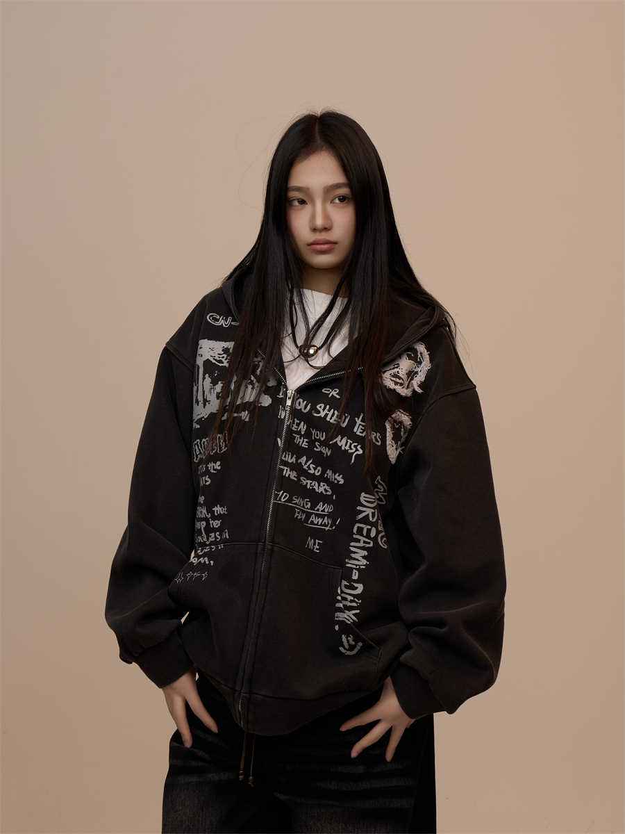 Women's Letter Printed Black Hoodie MuddyStock