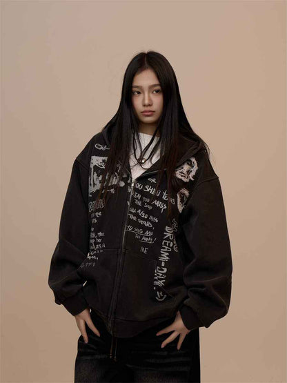 Women's Letter Printed Black Hoodie MuddyStock