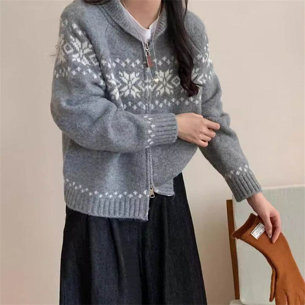 Retro Contrast Color Jacquard Weave Zip Sweater Women's Coat MuddyStock