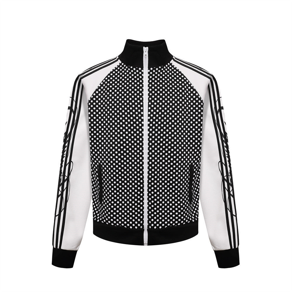 Men's All-Over Polka Dot Print Stand Collar Open Front Athletic Jacket with Three Stripes Webbing