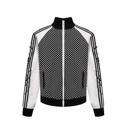 Men's All-Over Polka Dot Print Stand Collar Open Front Athletic Jacket with Three Stripes Webbing