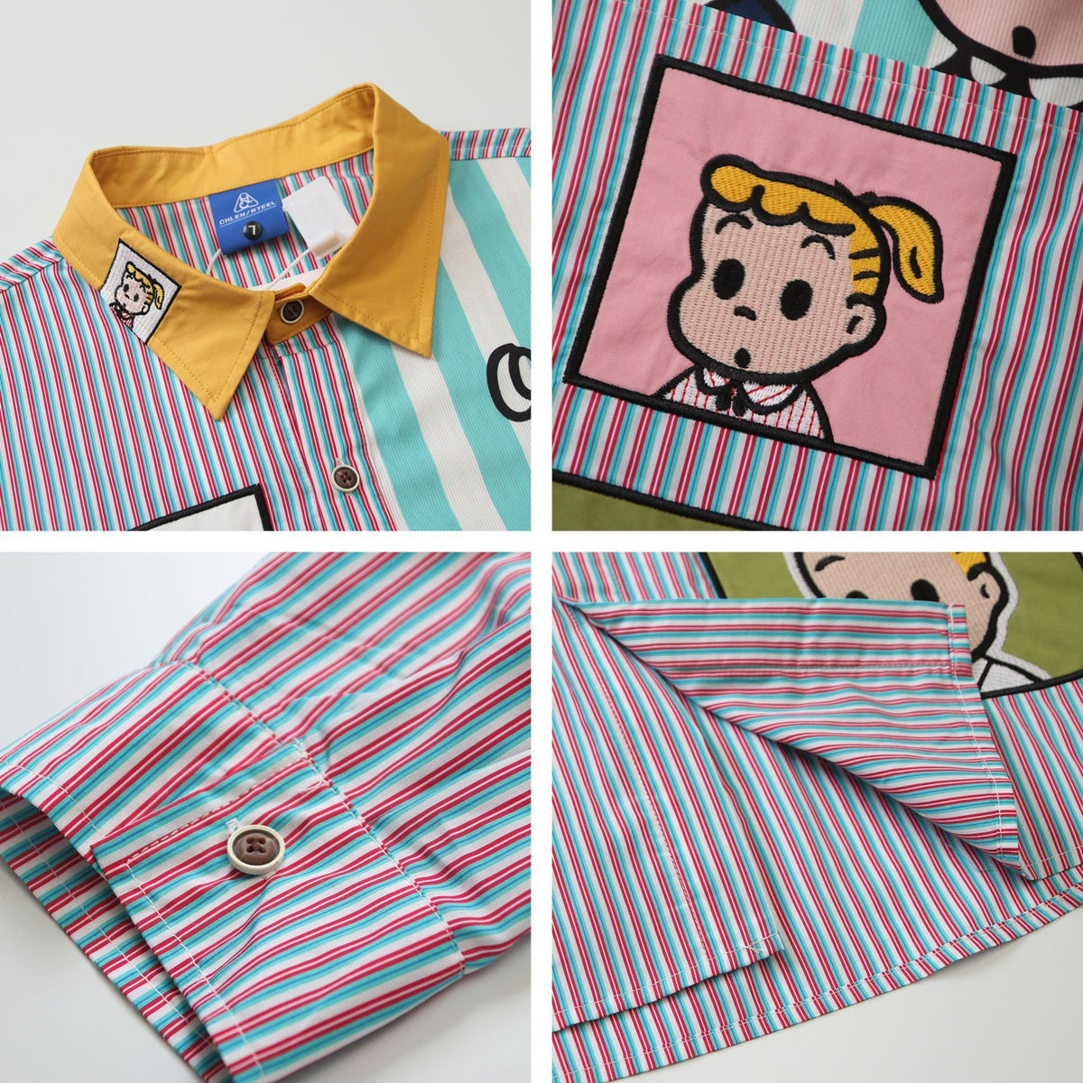 Retro Cartoon Applique Patchwork Striped Long Sleeve Shirt Unisex Personality Loose BF Couple Blouse
