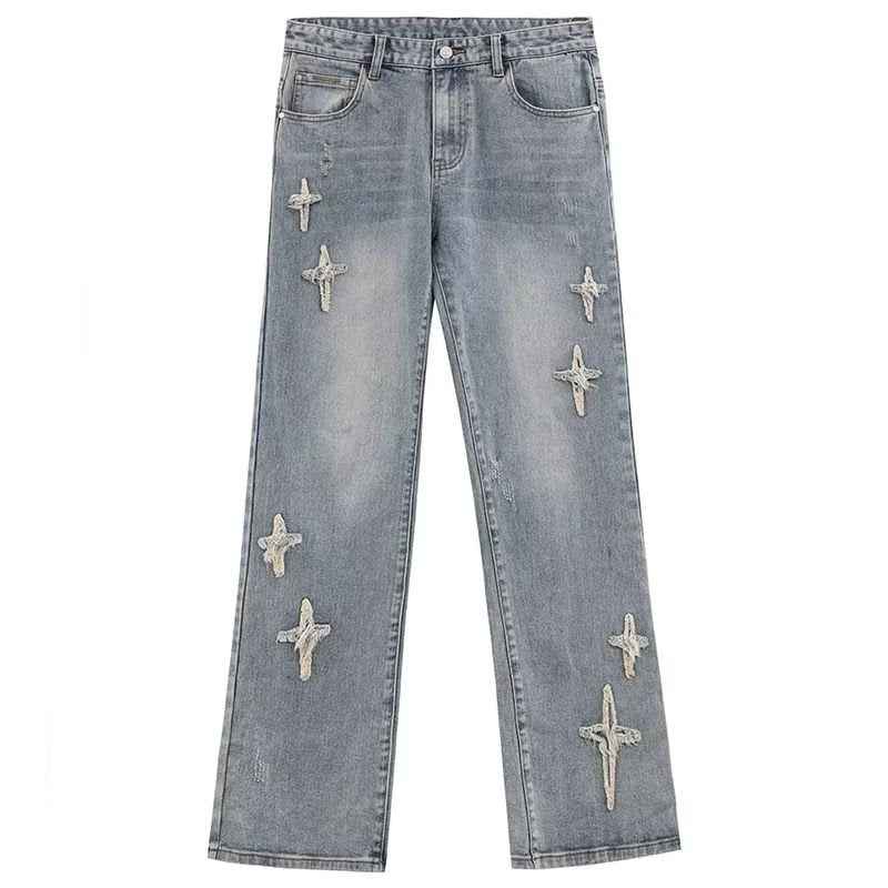 Patch Cross Star Washed American High Street Jeans For Men Blue