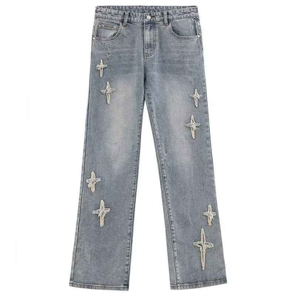 Patch Cross Star Washed American High Street Jeans For Men Blue