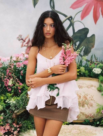 Mesh Camisole Short Top With Laminated Ruffles MuddyStock