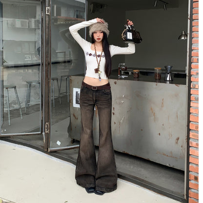 Black and gray spicy girl flared jeans for women Black Gray Extra Long
