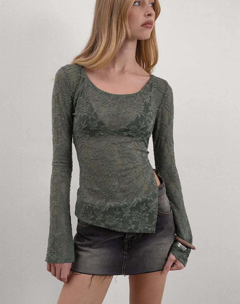Round-neck Simple Lace Long-sleeve Top For Women Gray