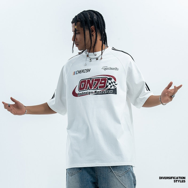 American Retro Raglan Racing Car Distressed Printed Cotton Short-sleeved T-shirt Men And Women Couple Summer Top