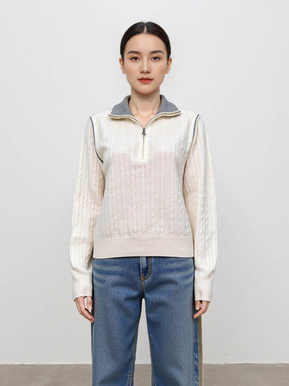 Half-Zip Turn-Down Collar Wool Sweater For Women | MuddyStock Originals White MuddyStock