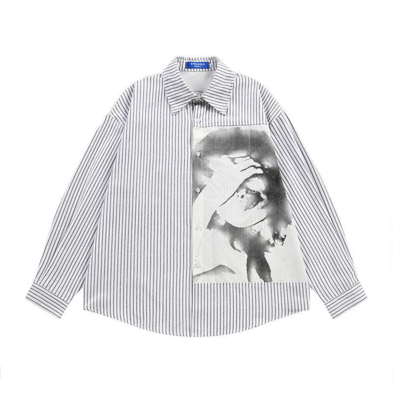 Men's Dark Hip-Hop Loose Face Print Vertical Stripes Long Sleeve Collared Shirt