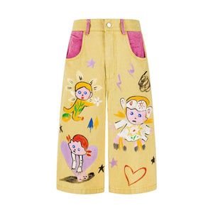 Hand drawn graffiti cropped pants for women | MuddyStock Originals yellow