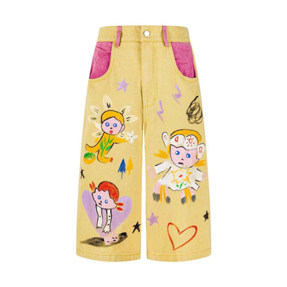 Hand drawn graffiti cropped pants for women | MuddyStock Originals yellow