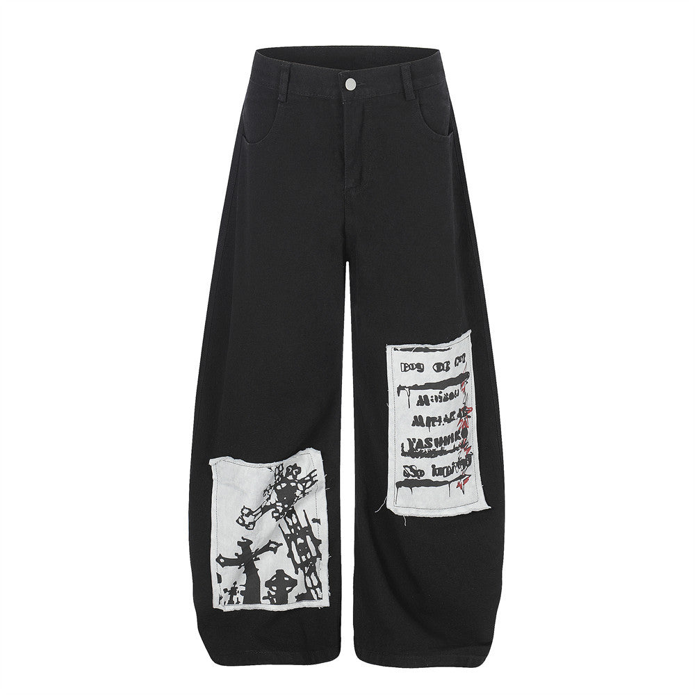 Embroidered wide leg denim curved knife pants Black