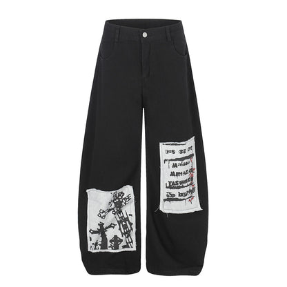 Embroidered wide leg denim curved knife pants Black