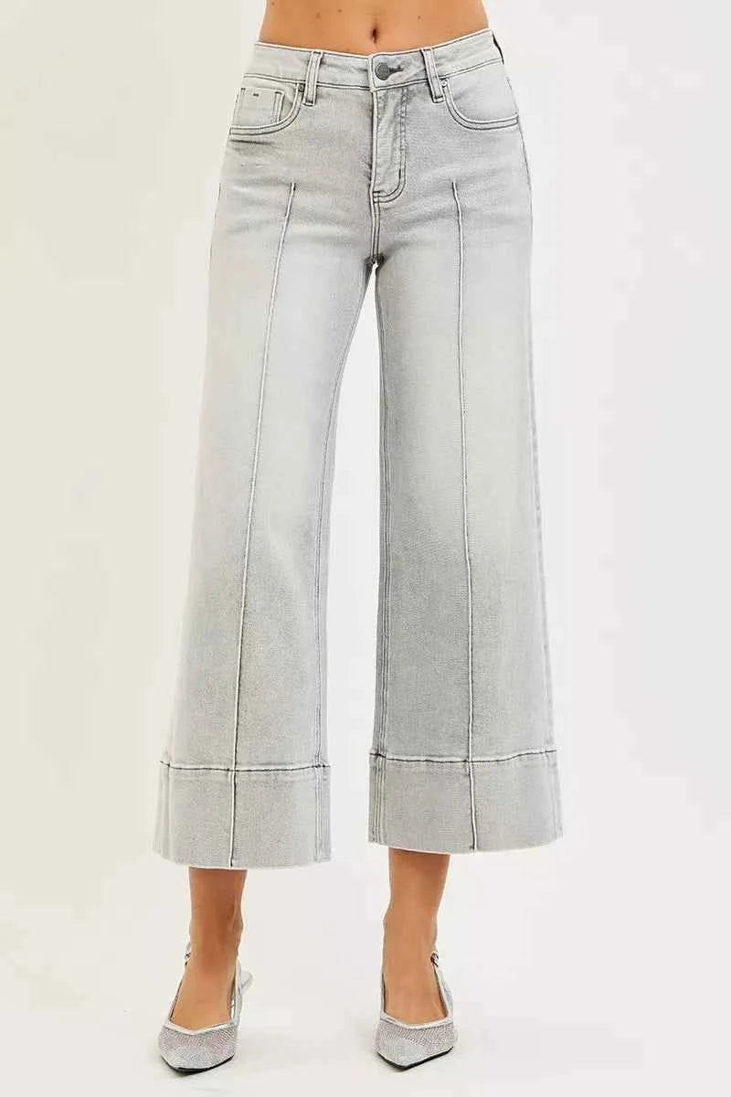 RISEN Mid Rise Crop Wide Pintuck Jeans For Women Trendsi