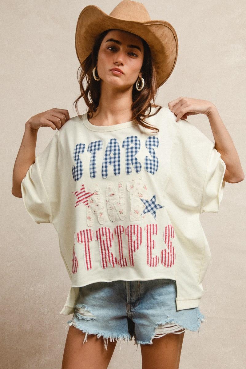Mix And Match Stars And Stripes Patchwork Short Sleeve T-Shirt For Women