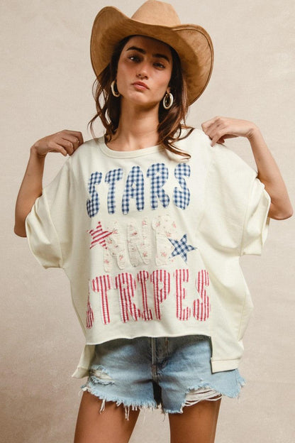 Mix And Match Stars And Stripes Patchwork Short Sleeve T-Shirt For Women