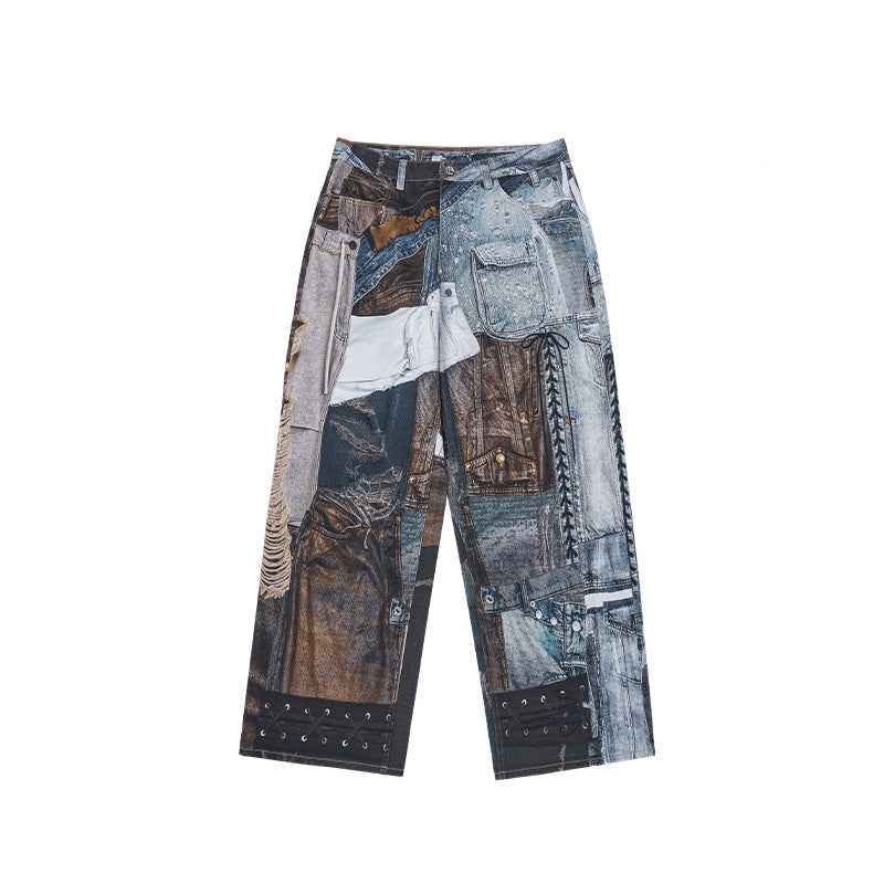 Vintage Patchwork Digital Printing Jeans American Street Picture Color MuddyStock