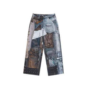 Vintage Patchwork Digital Printing Jeans For Men And Women Picture Color