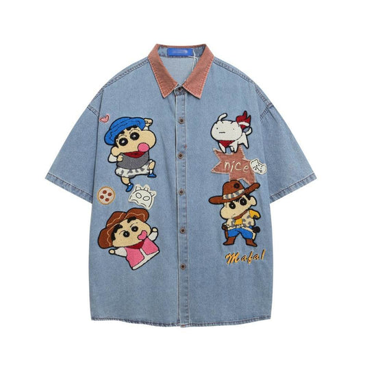 Embroidered Denim Short Sleeve Shirt for Men And Women Denim Blue MuddyStock