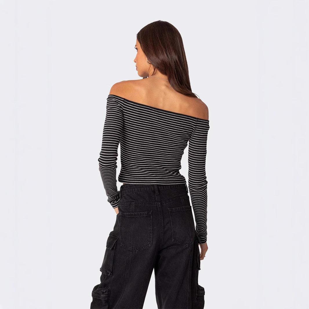 Contrast-color Striped Off-shoulder Long-sleeve Top For Women