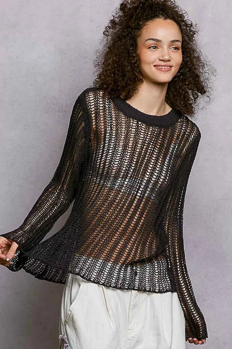 Openwork Round Neck Knit Cover Up Top For Women CHARCOAL Trendsi