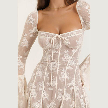 Lace Square Collar Dress Bell-bottom Long Sleeve Women Top MuddyStock
