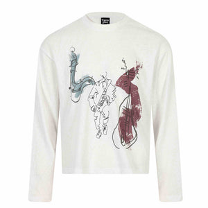 Abstract Hand-painted Graffiti Print Round Neck Loose Long Sleeve T-Shirt For Men | MuddyStock Originals White