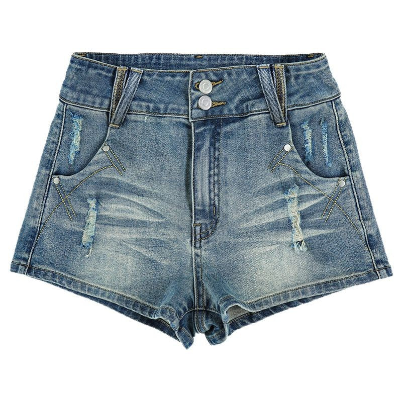 High-Waisted Distressed Denim Shorts for Women Arrival Elastic Outerwear Slimming A-Line Mini Skirt Hot Pants Black and Gray