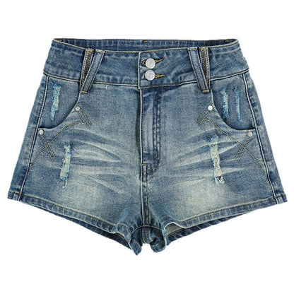 High-Waisted Distressed Denim Shorts for Women Arrival Elastic Outerwear Slimming A-Line Mini Skirt Hot Pants Black and Gray