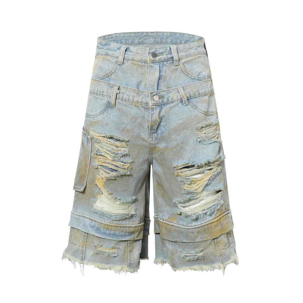 Distressed Frayed Hem Denim Shorts with Fake Two-Piece Design for Men | MuddyStock Originals Blue