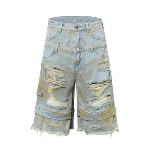 Distressed Frayed Hem Denim Shorts with Fake Two-Piece Design for Men | MuddyStock Originals Blue