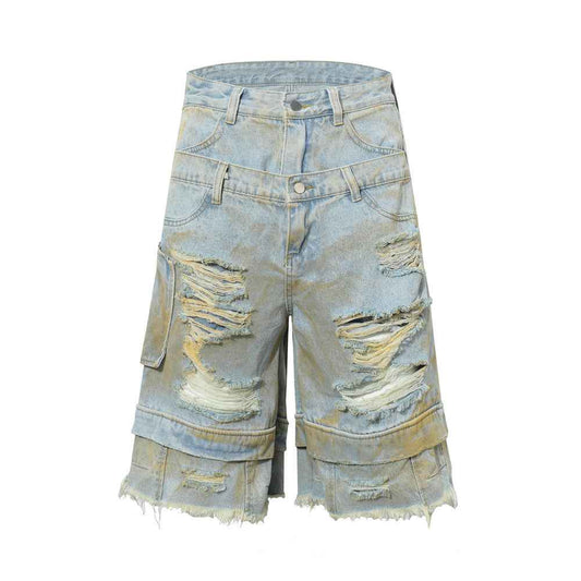 Distressed Frayed Hem Denim Shorts with Fake Two-Piece Design for Men | MuddyStock Originals Blue