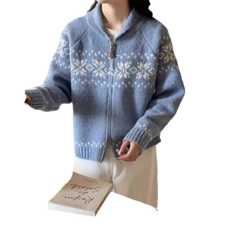 Retro Contrast Color Jacquard Weave Zip Sweater Women's Coat MuddyStock